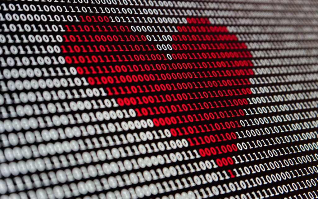 a digital heart made of zeros and ones